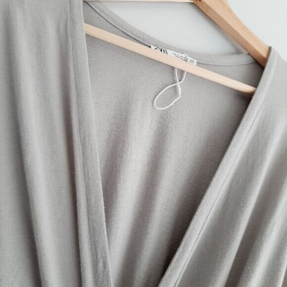 ZARA Surplice Faux Wrap Maxi Dress Long Slit Grey Sz S Flawed - Picture 8 of 16